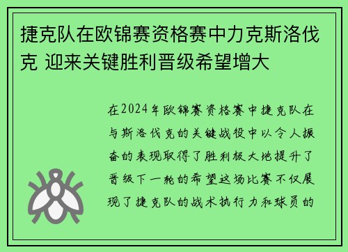 捷克队在欧锦赛资格赛中力克斯洛伐克 迎来关键胜利晋级希望增大