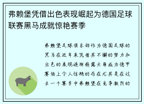 弗赖堡凭借出色表现崛起为德国足球联赛黑马成就惊艳赛季