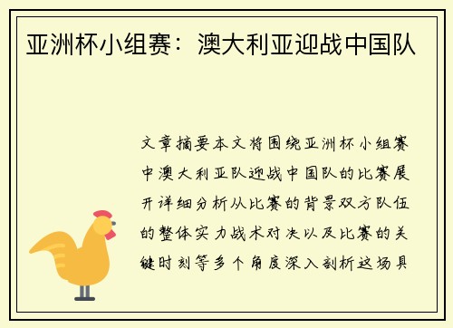 亚洲杯小组赛：澳大利亚迎战中国队