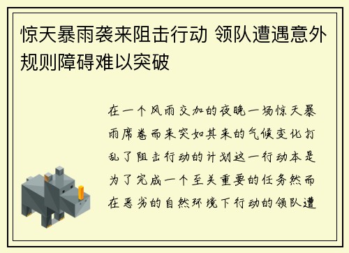 惊天暴雨袭来阻击行动 领队遭遇意外规则障碍难以突破