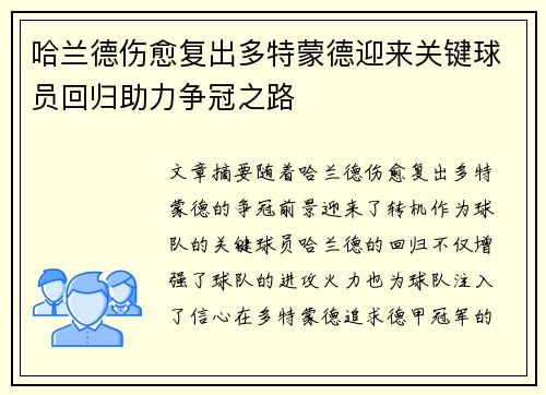哈兰德伤愈复出多特蒙德迎来关键球员回归助力争冠之路