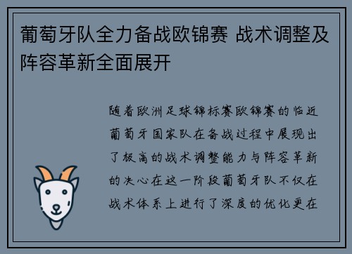 葡萄牙队全力备战欧锦赛 战术调整及阵容革新全面展开