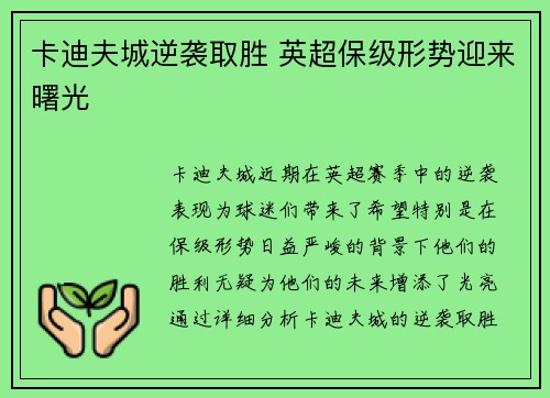 卡迪夫城逆袭取胜 英超保级形势迎来曙光