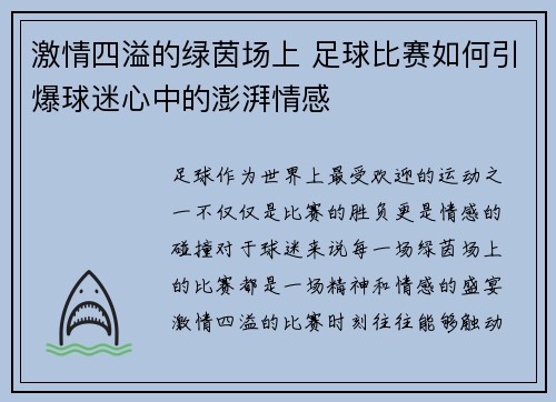 激情四溢的绿茵场上 足球比赛如何引爆球迷心中的澎湃情感