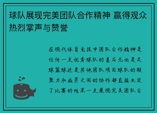 球队展现完美团队合作精神 赢得观众热烈掌声与赞誉