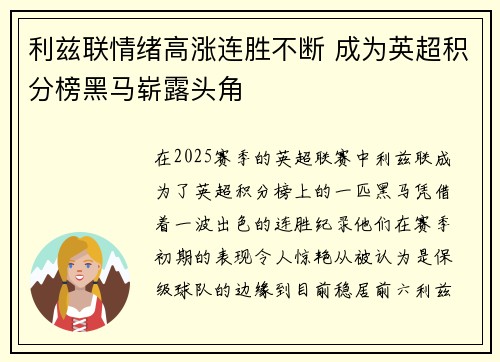 利兹联情绪高涨连胜不断 成为英超积分榜黑马崭露头角
