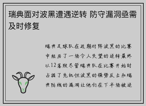 瑞典面对波黑遭遇逆转 防守漏洞亟需及时修复