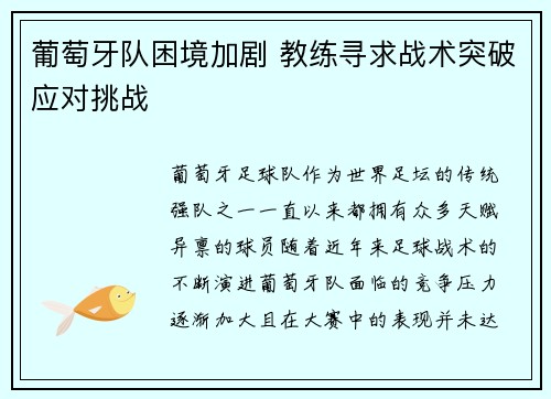 葡萄牙队困境加剧 教练寻求战术突破应对挑战